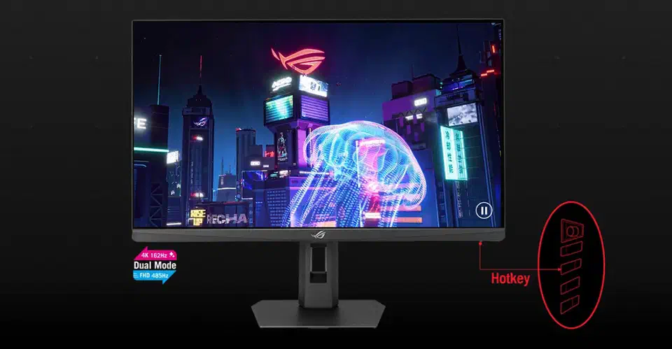 ASUS ROG monitor showing a Dual Mode badge reading 4K 162Hz and FHD 485Hz with a hotkey callout