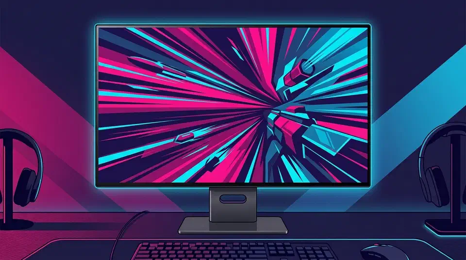 LG UltraGear 32GS95UE OLED monitor on a gaming desk showing a fast magenta and cyan shooter scene, flanked by two headset stands