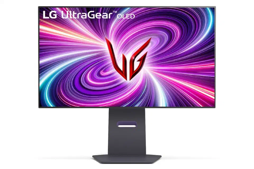 LG UltraGear 32GS95UE OLED gaming monitor on its stand, front view