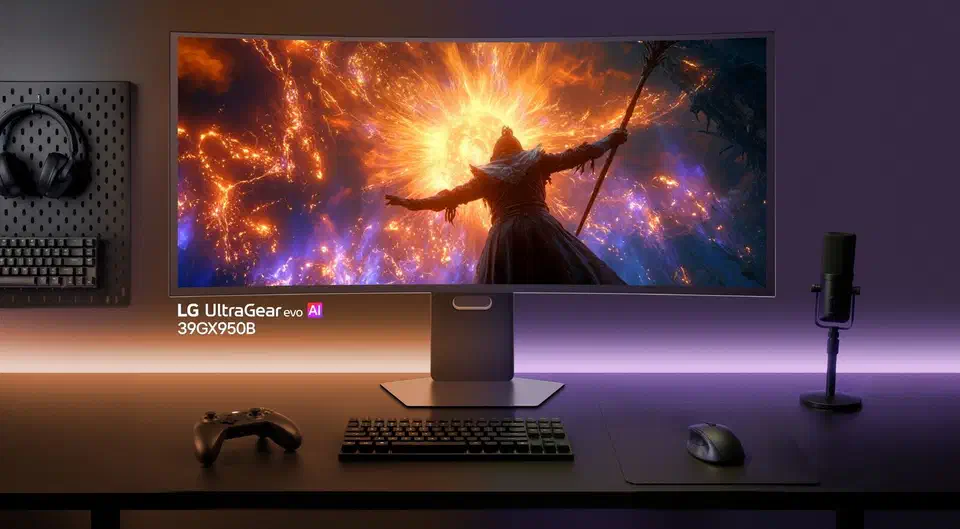 LG 39GX950B curved ultrawide OLED monitor on a lit desk with a keyboard, mouse and microphone, showing a fantasy game scene
