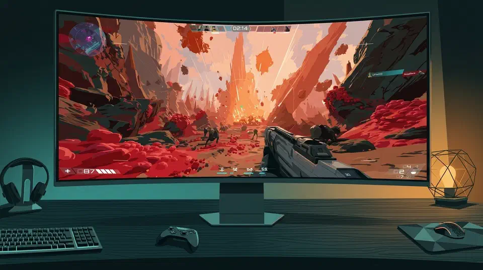 LG 52G930B curved 52-inch ultrawide monitor on a dark desk showing a red sci-fi shooter, keyboard and mouse set back