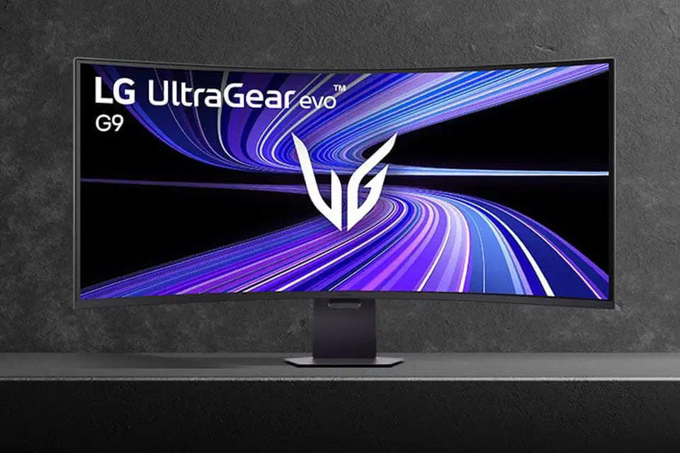 Front view of the LG 52G930B curved 52-inch ultrawide on a slim pillar stand against a grey wall