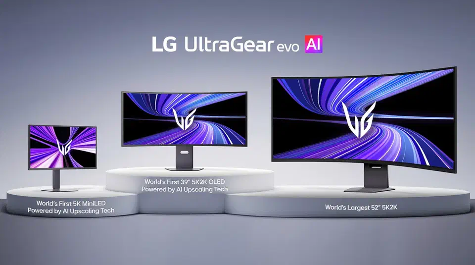 All three UltraGear evo models on white podiums, 27-inch, 39-inch and 52-inch side by side for scale