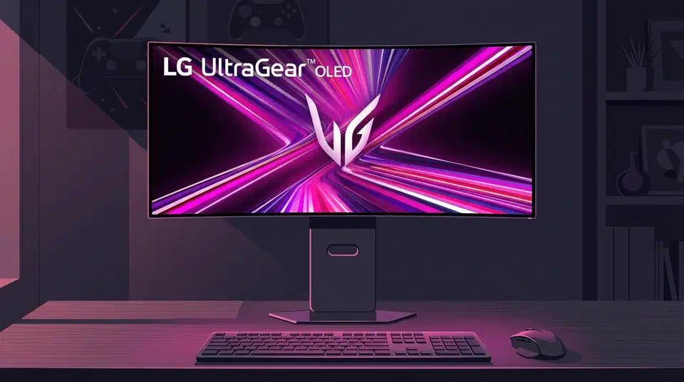 LG UltraGear OLED curved ultrawide gaming monitor switched on atop a desk with a keyboard and mouse in a dim home office