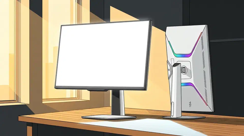 TCL 27C3A Pro mini LED monitor glowing bright white full screen on a sunlit desk beside its rear view