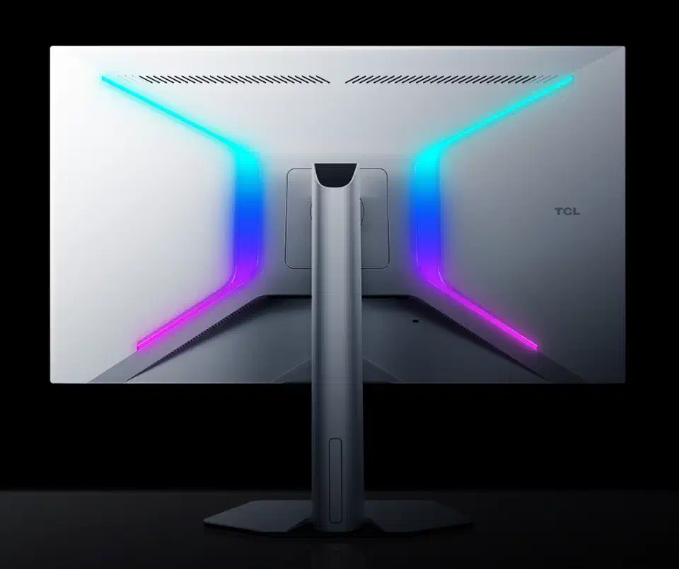 TCL 27C3A Pro mini LED monitor rear view with white chassis and RGB lighting strips