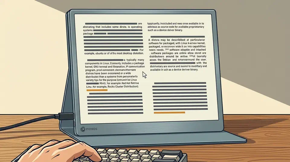 Modos Flow e-paper monitor upright on a wooden desk showing two columns of text, with a USB-C cable and hands on a keyboard