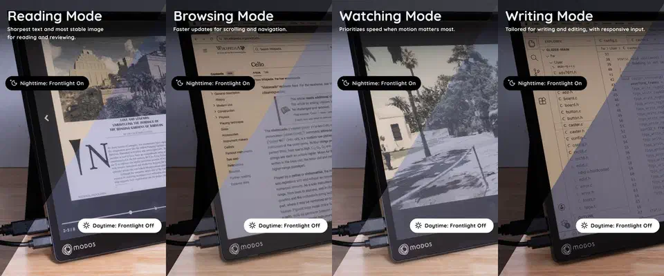 Four photos of the Modos Flow side by side showing its reading, browsing, watching and writing display modes