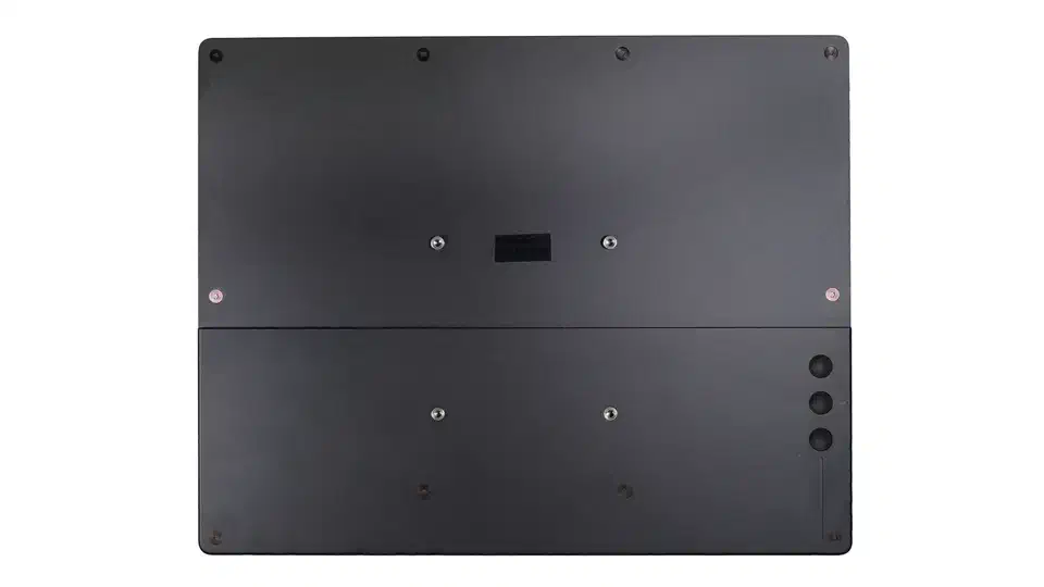 Rear of the Modos Flow, a flat dark grey back panel with VESA screw holes and three round buttons along the right edge