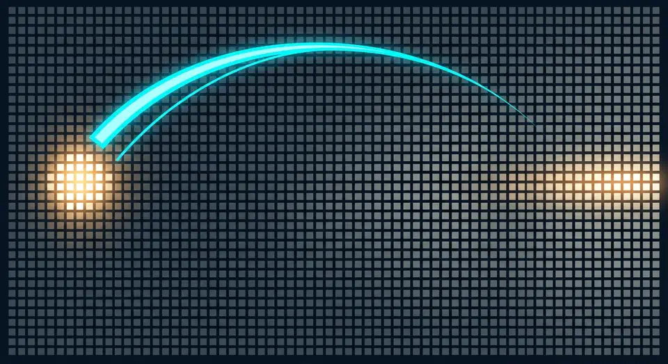 Dark grid of OLED pixels with one small cluster blazing bright and the wide lit area fading, a glowing curve arcing over it.