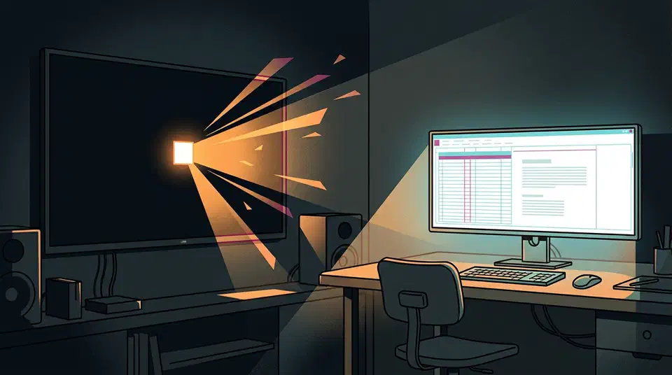 An OLED TV showing a small intense white square beside a desk monitor showing a dimmer full white page