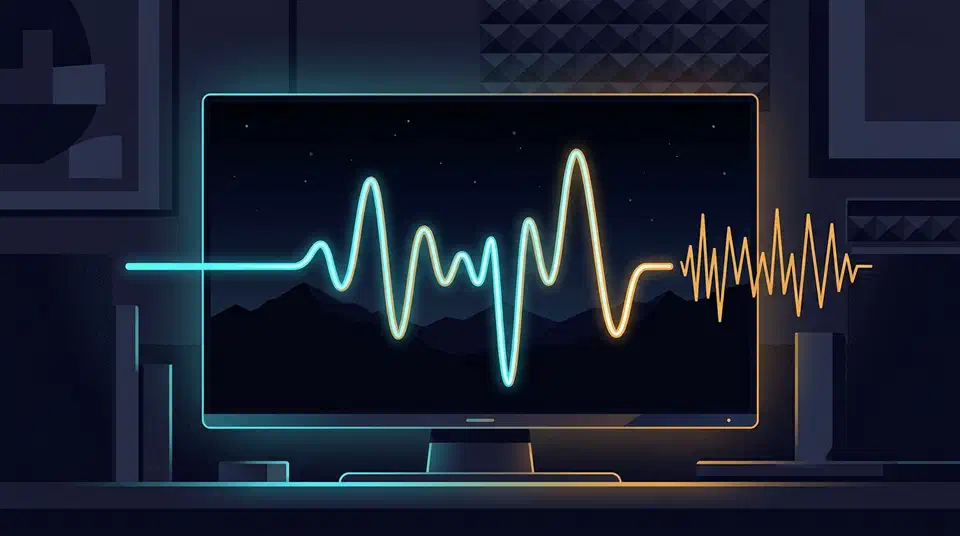 OLED gaming monitor in a dark room with an uneven brightness waveform pulsing across a near-black night scene