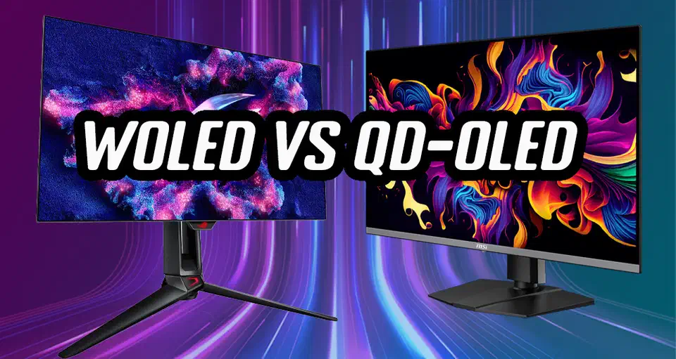 Side-by-side WOLED and QD-OLED gaming monitors displaying colorful abstract wallpapers