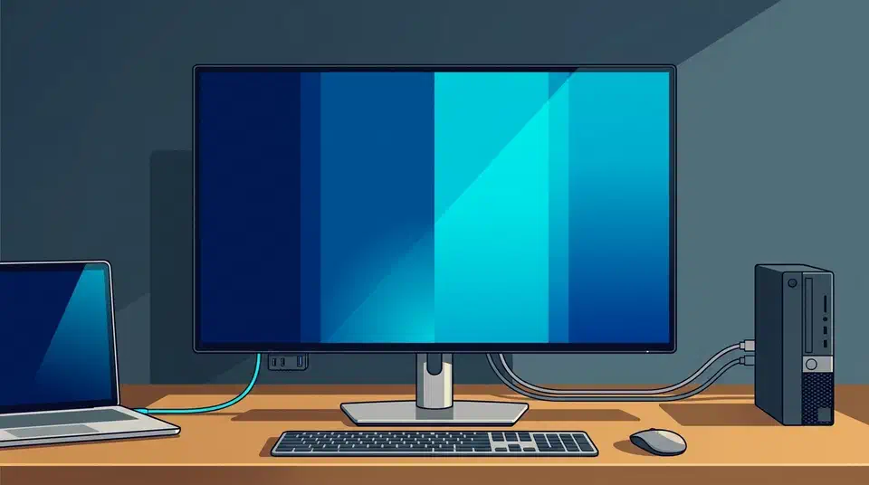 Dell UltraSharp 32-inch monitor seen straight on from the front on a tidy desk, one keyboard and mouse in front of it, a laptop and a small desktop tower cabled to it from either side