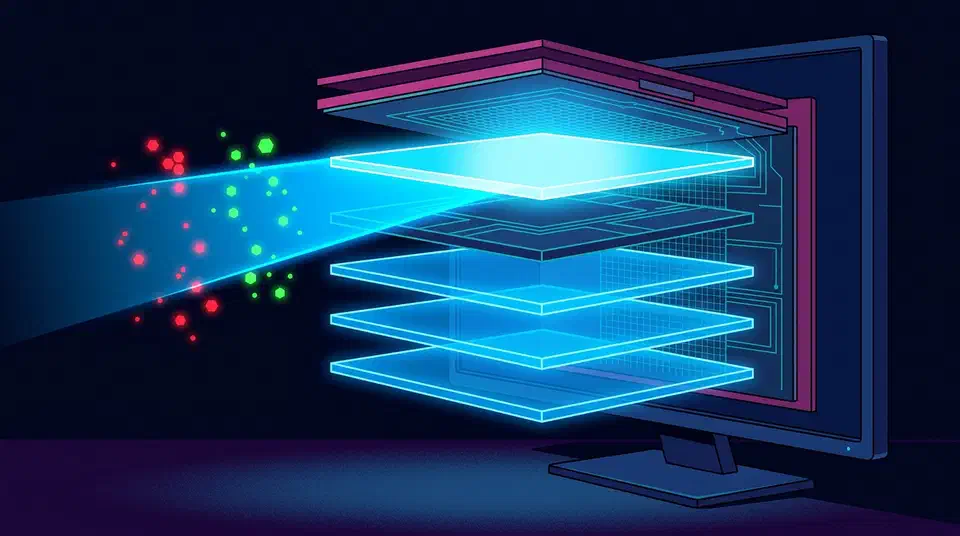Penta Tandem QD-OLED adds a fifth blue layer to reach 1,300 nits on monitors, but the five-layer panel has shipped since 2025 under an older name. Cutaway QD-OLED monitor panel showing five stacked blue emitting layers casting light forward with red and green quantum-dot sparks