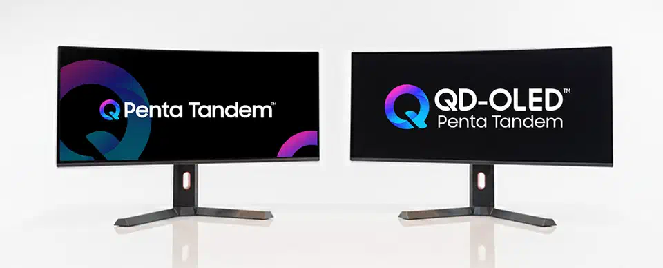 Diagram of Samsung Display Penta Tandem QD-OLED structure showing five stacked blue emitting layers with EL 3.0 material