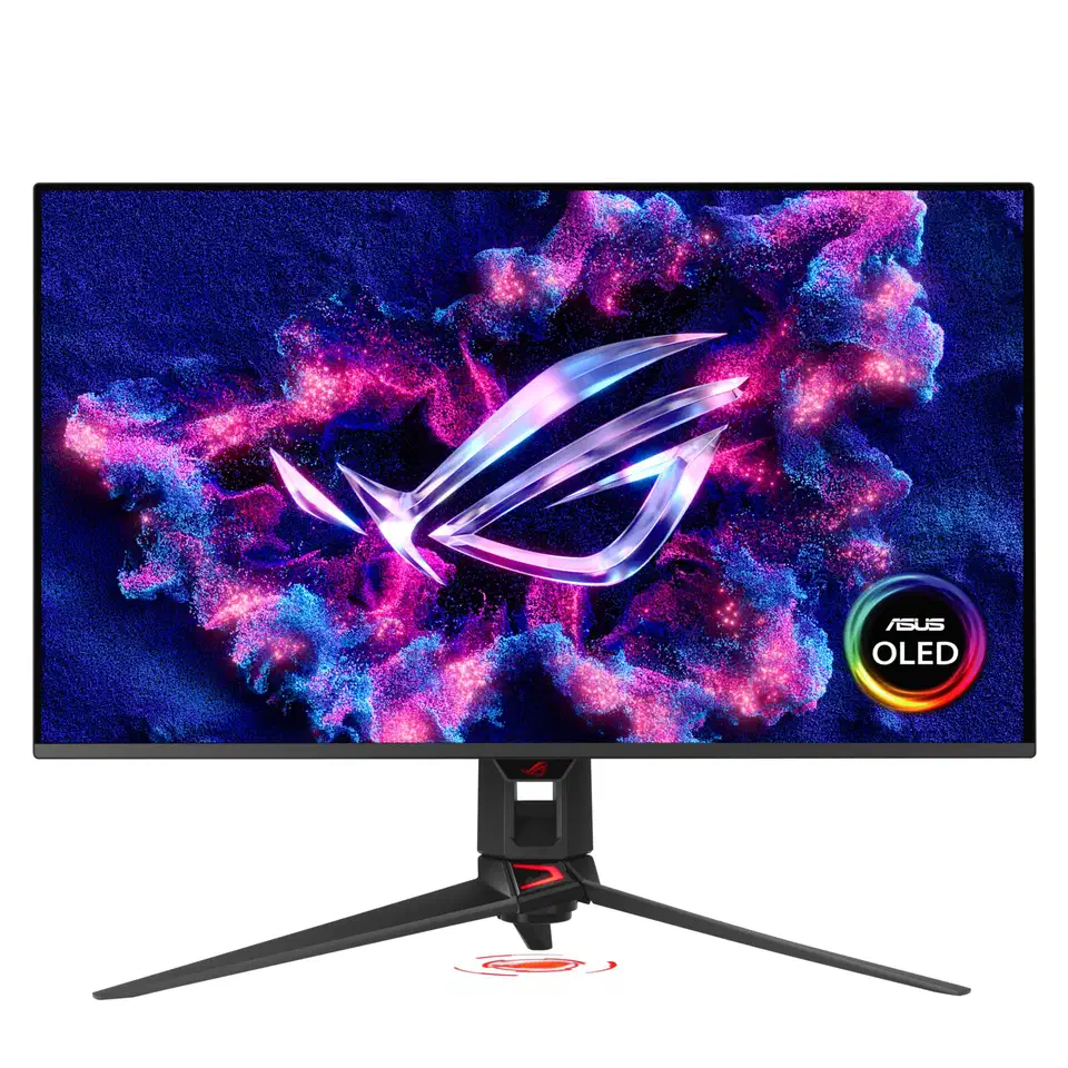 Asus ROG Swift OLED PG32UCDM3 32-inch 4K monitor on a tripod stand against black, screen showing a purple nebula and the ROG eye logo