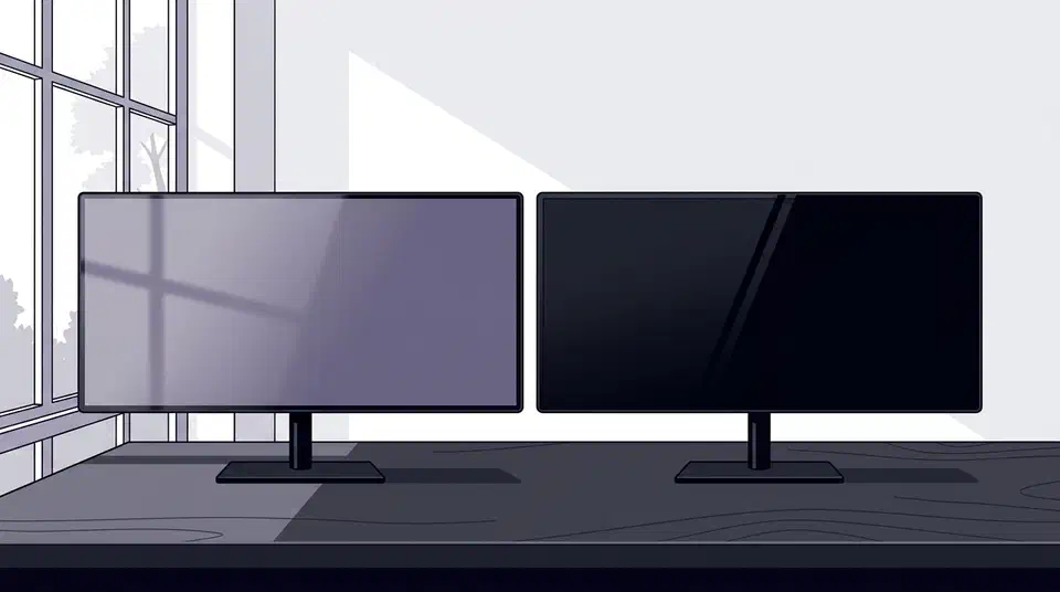 Two ultrawide QD-OLED monitors on a desk, left screen washed grey-purple in daylight, right screen staying inky black