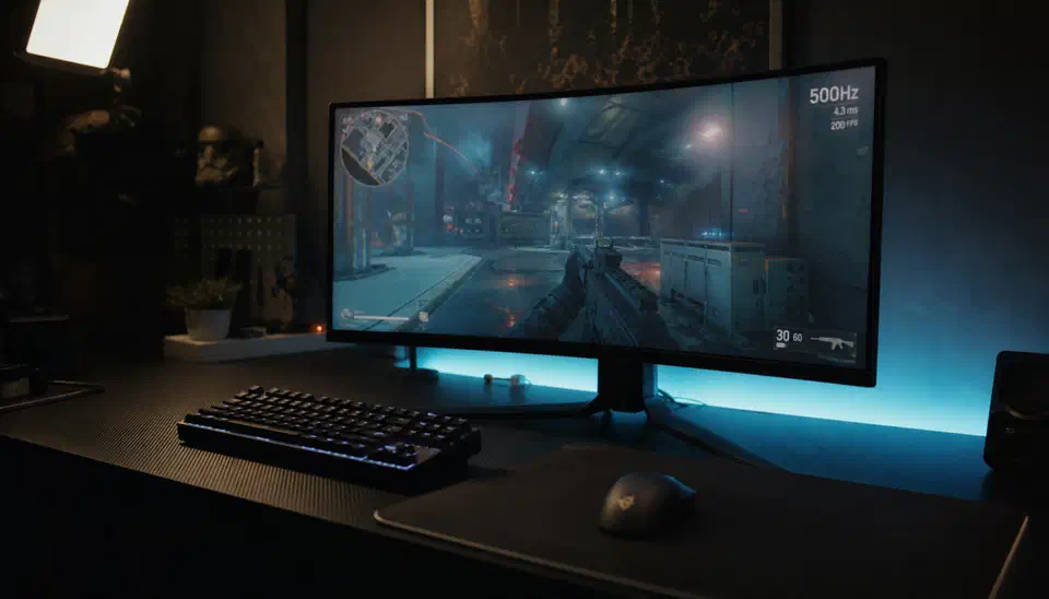 Curved 500Hz gaming monitor on a dark desk running a first-person shooter, with a 4.3ms and 200 FPS overlay, beside a mechanical keyboard and mouse