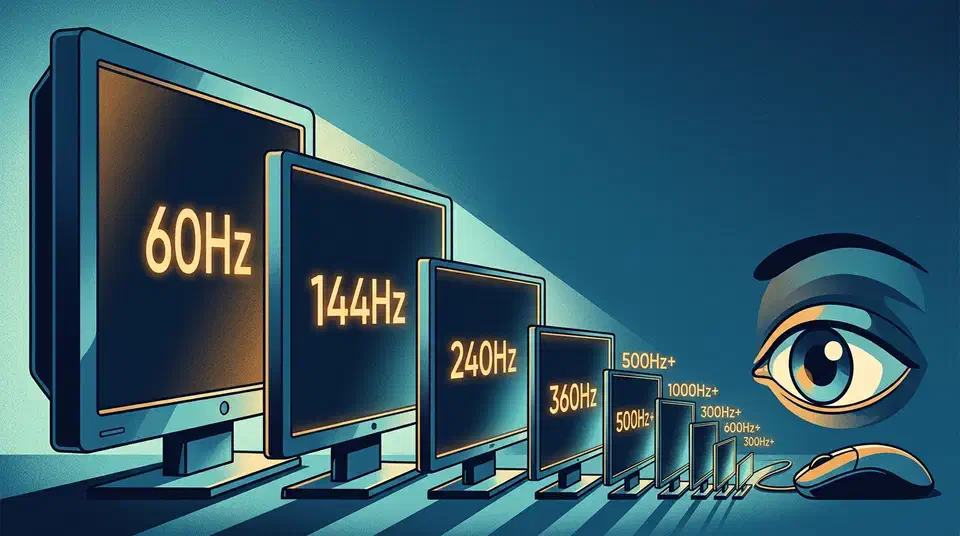 Row of gaming monitors shrinking from a large 60Hz screen down to tiny high-refresh panels beside a human eye and mouse