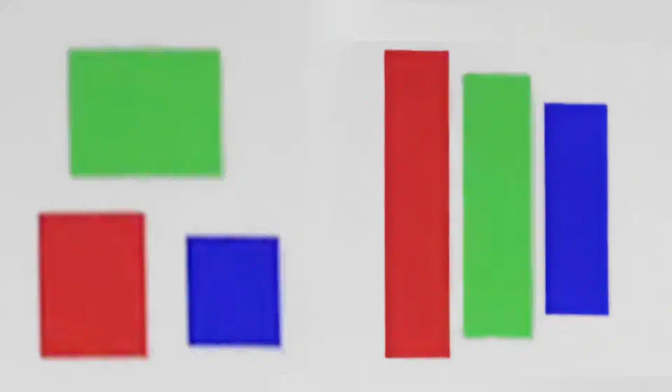 MSI illustration comparing the old triangular QD-OLED subpixel layout on the left, with green above a red and blue pair, against the new V-Stripe layout on the right, with red, green and blue as three vertical bars of decreasing width