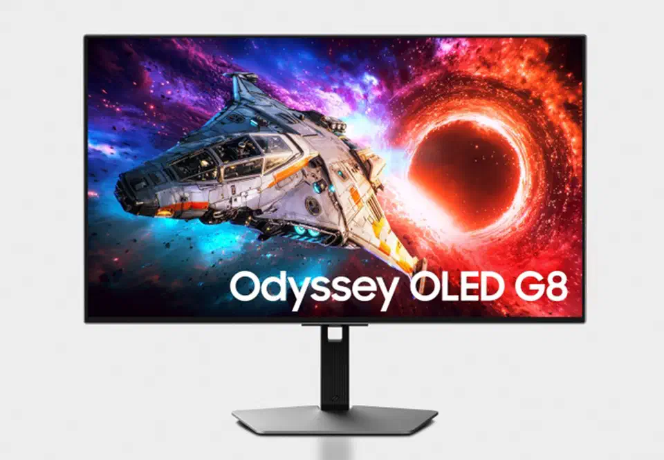 Product render of the 32-inch Samsung Odyssey G80SH QD-OLED monitor on a slim silver stem and flat base, screen showing a spacecraft beside a red vortex and the words Odyssey OLED G8