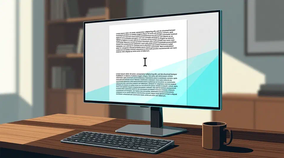 Samsung Odyssey G80SH monitor on a desk showing a white document page of small black text, with a keyboard and mug beside it