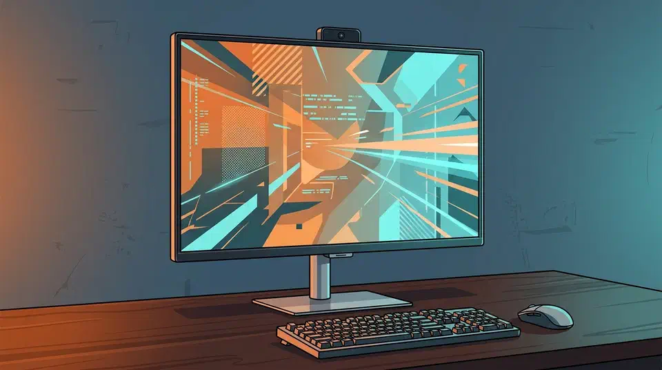 Samsung Odyssey 3D G90XH monitor on a wooden desk with a keyboard and mouse, screen showing an abstract orange and cyan game scene