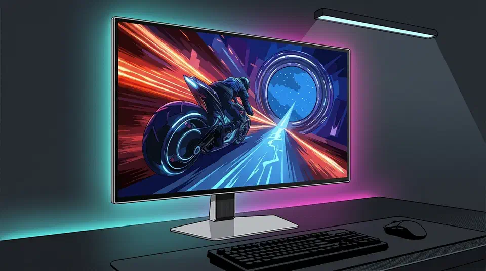 Samsung Odyssey OLED G6 gaming monitor on a dark desk with RGB backlight, screen showing a fast motorcycle racing game