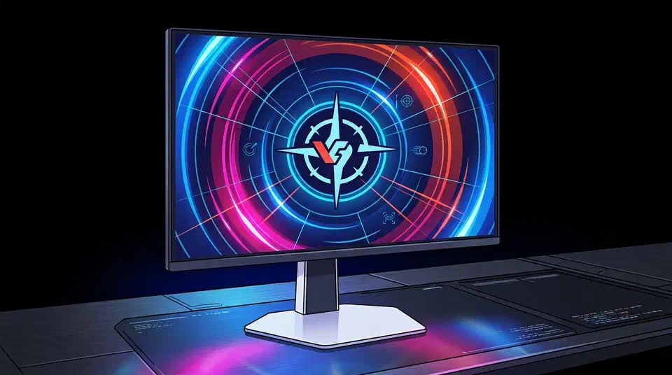 TCL 27P2A Ultra gaming monitor on a white pillar stand glowing with a colourful crosshair burst on a dark desk