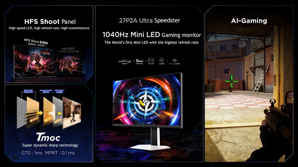 TCL 27P2A Ultra launch slide showing the HFS Shoot panel, the 1040Hz Mini LED render, and the Tmoc strobing specs