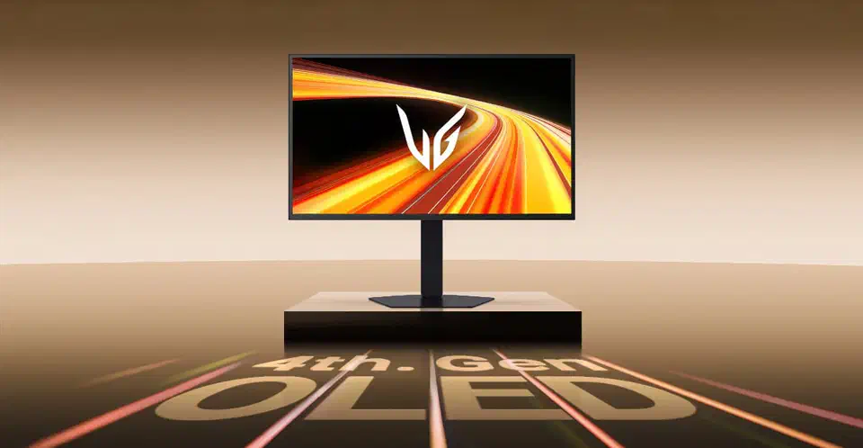 LG 27GX790B UltraGear monitor on a slim pillar stand, screen showing sweeping orange and red light trails on black