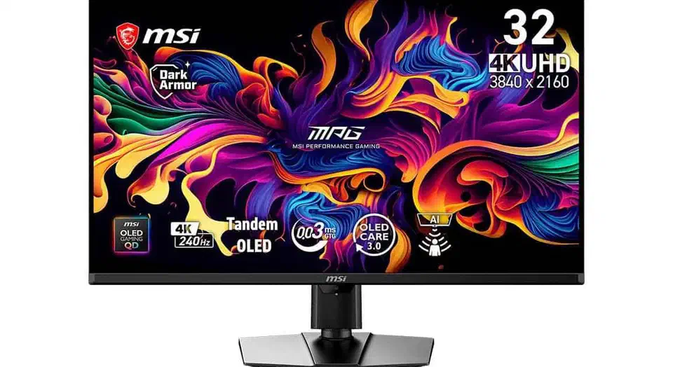 MSI MPG 322UR QD-OLED X24 seen from the front on its wide silver base, screen showing swirling orange, purple and blue artwork
