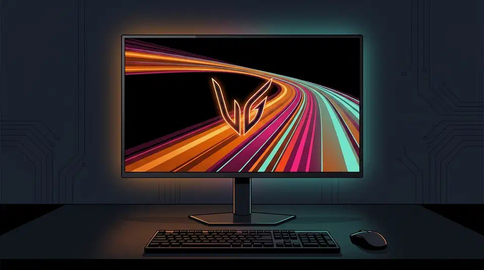 LG UltraGear OLED gaming monitor on a dark desk with keyboard and mouse, screen showing bright colour streaks on black