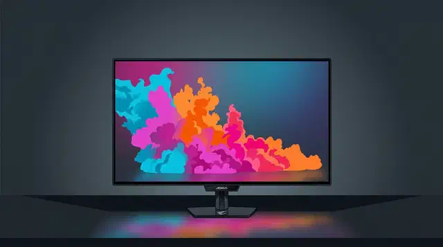Gigabyte Aorus FO27Q28G monitor on a dark desk, screen showing a pink, orange and cyan colour burst that glows onto the desk
