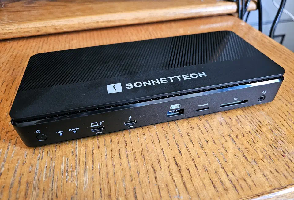 Sonnet Echo 13 Thunderbolt 5 SSD dock, a wide silver unit with an internal drive bay and a row of rear ports