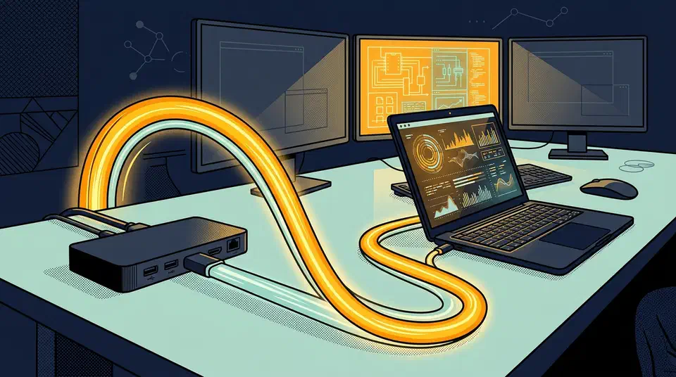 Black docking station on a desk with a glowing amber and teal cable arcing to a laptop in front of three monitors