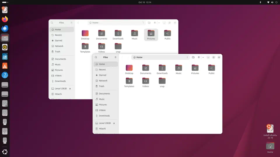 GNOME 49 desktop on Ubuntu with two Files windows open over a purple wallpaper and the dock down the left edge
