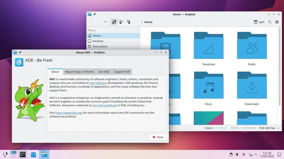 KDE Plasma desktop with a Dolphin file manager window open over a purple wallpaper and an About KDE dialog in front of it, panel along the bottom edge