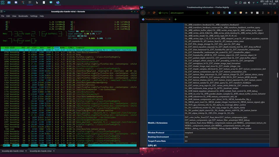 An X11 application running through XWayland inside a KDE Plasma Wayland session, with Firefox about:support listing Window Protocol as xwayland beside a Konsole window running htop