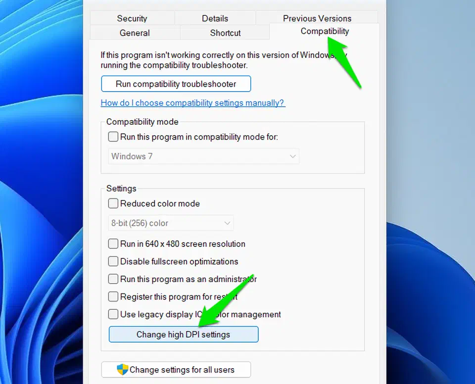 Compatibility tab of an executable’s Properties window with the Change high DPI settings button