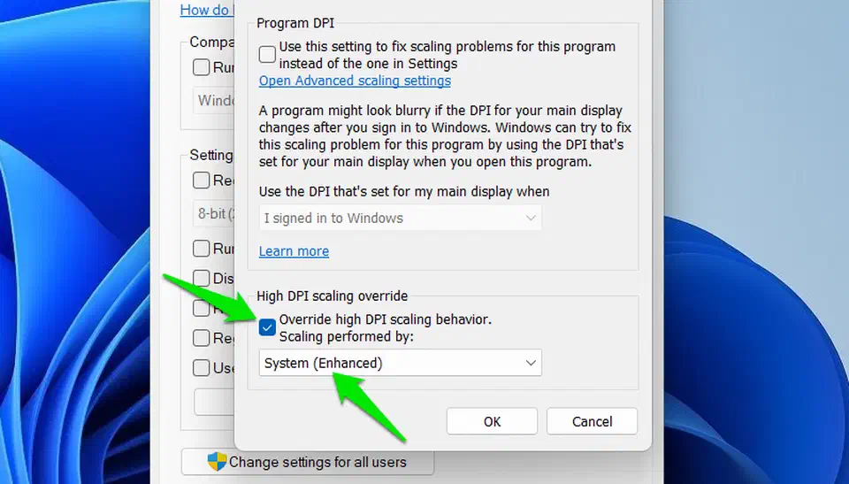 High DPI settings dialog with Override high DPI scaling behaviour ticked and the Application, System and System Enhanced drop-down open