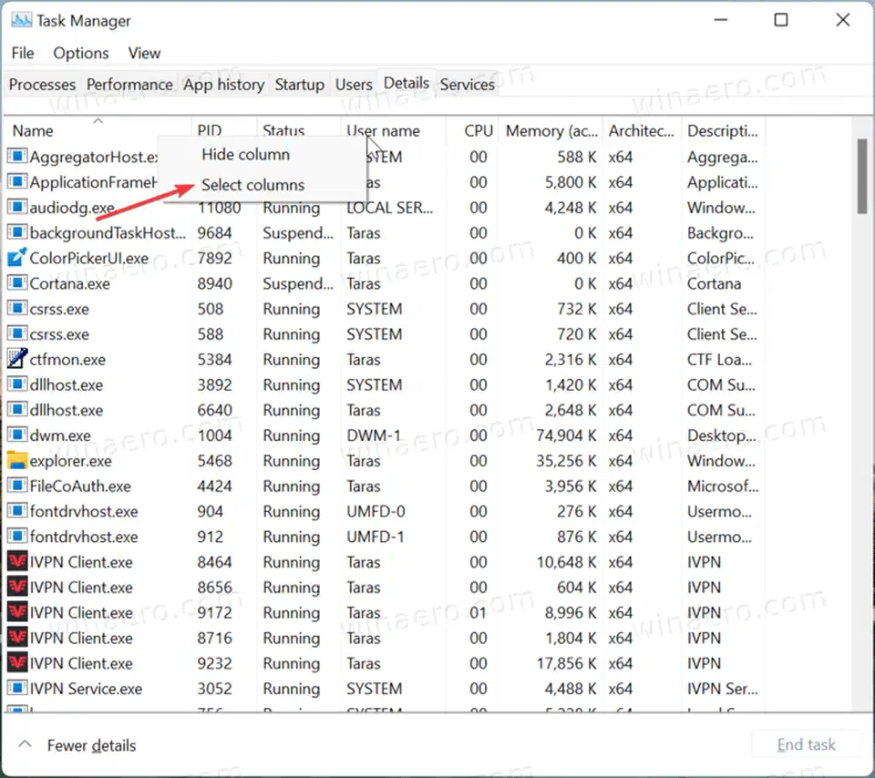 Task Manager Select columns dialog on the Details tab with the DPI Awareness checkbox visible