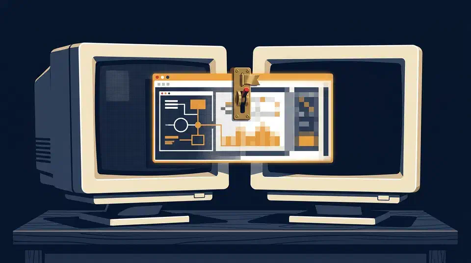Two monitors of different pixel density on a desk, one application window sharp on the left screen and stretched into soft blocks on the right