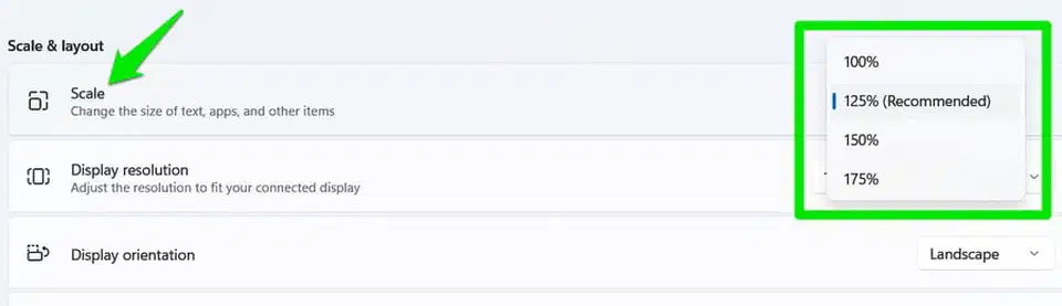 Windows display settings showing the per-monitor Scale drop-down with 100, 125 and 150 percent options