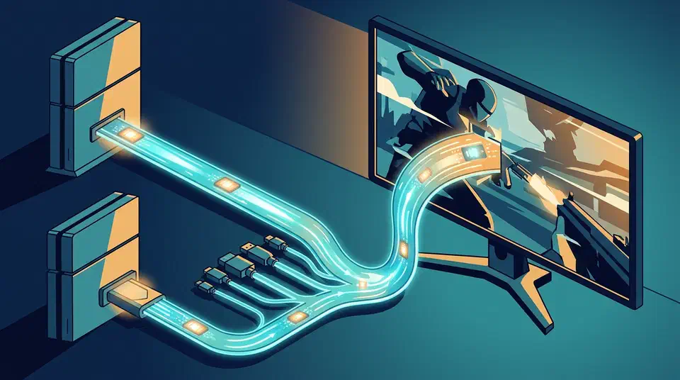 Two game consoles wired to a single gaming monitor, one via a single wide glowing HDMI cable and one via several branching ports