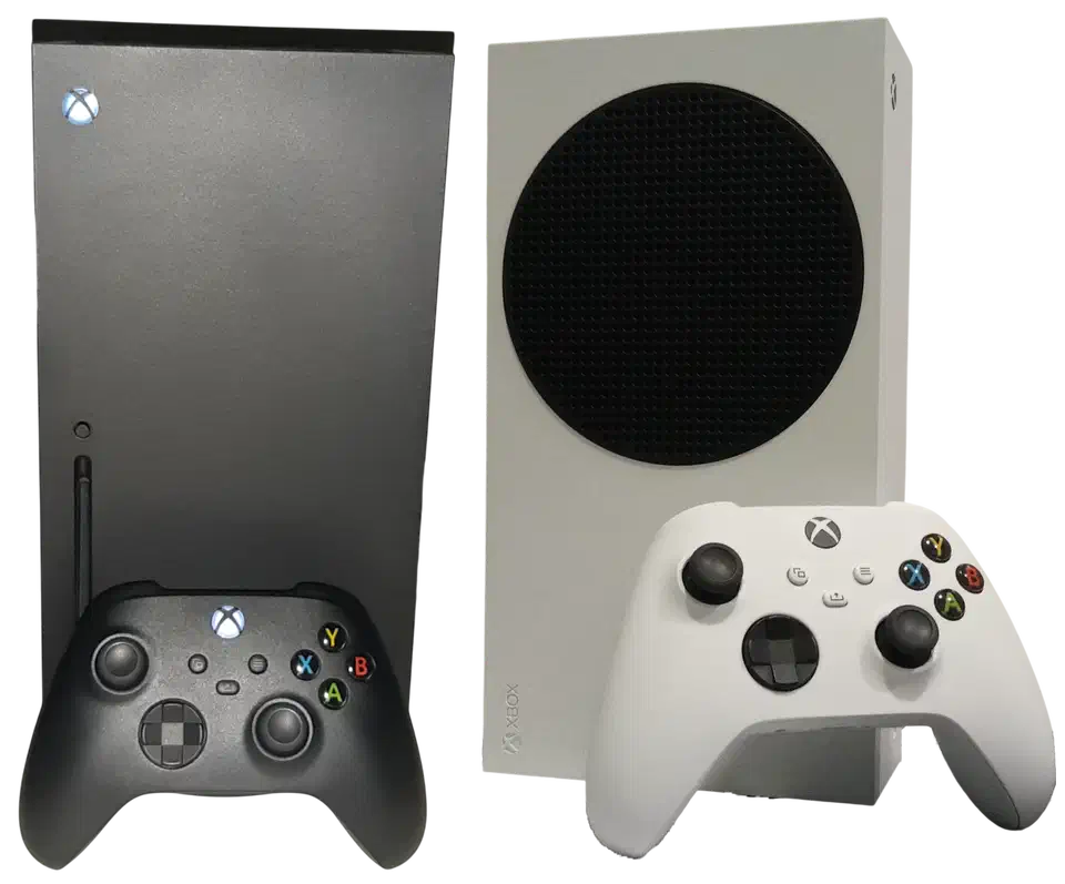 Xbox Series X and the smaller Xbox Series S consoles side by side with their controllers