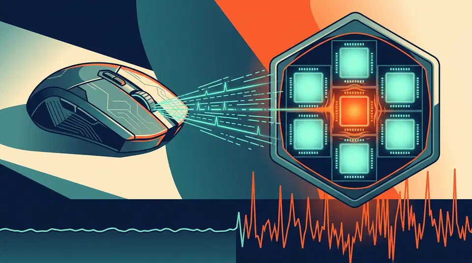 A gaming mouse firing a dense stream of signal pulses into a six-core CPU die, with one core glowing hot and a spiking frame-time waveform below