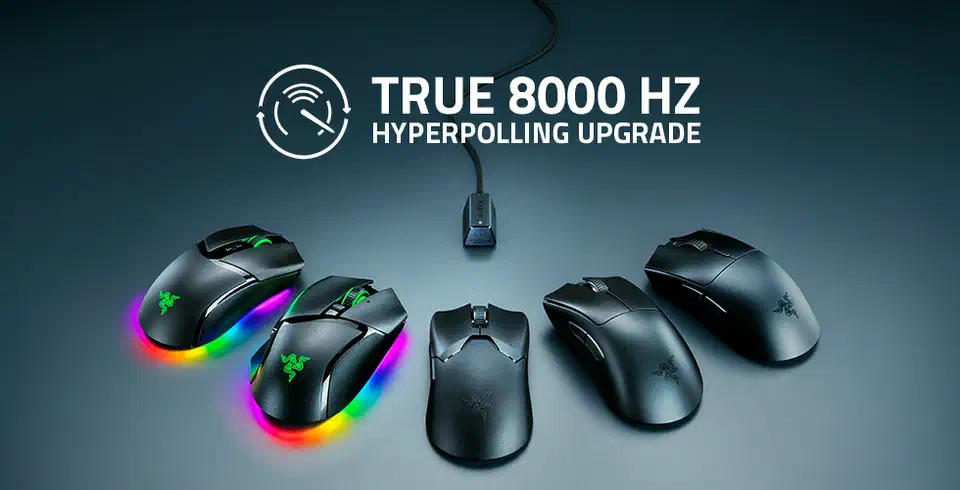Five black Razer wireless gaming mice arranged around a small HyperPolling wireless dongle, two of them lit with RGB underglow