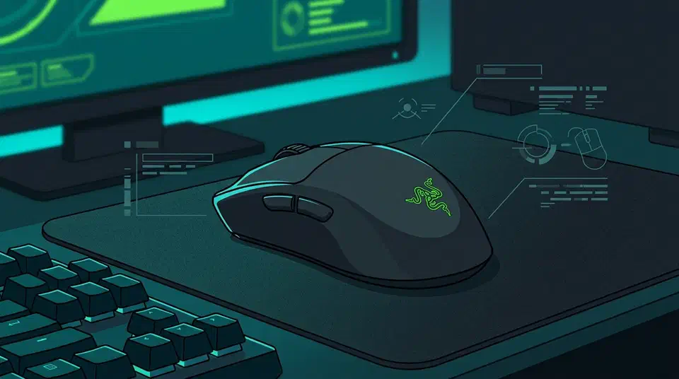 Razer Viper V4 Pro gaming mouse on a dark mousepad beside a mechanical keyboard, lit by a glowing monitor